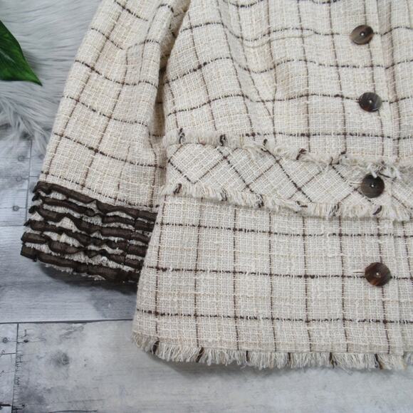 DONCASTER Ruffle Fringe Tweed Jacket Cotton Linen Blend Women’s Size 12 - Picture 4 of 13